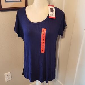 Felina Deep Blue Tunic Top Ribbed Short Sleeve Medium